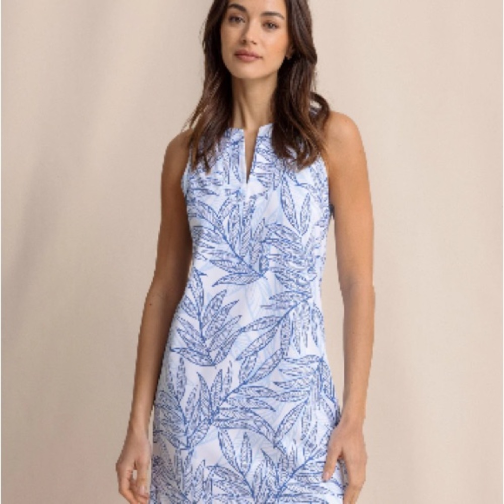 Southern Tide Ainsley Blue Palm Blue and White Leaf Print Dress small